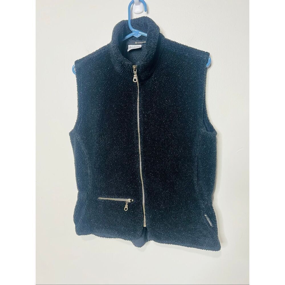 Columbia Black Teddy Fleece Vest Women's Sz M Gray Flecked Brass Zipper